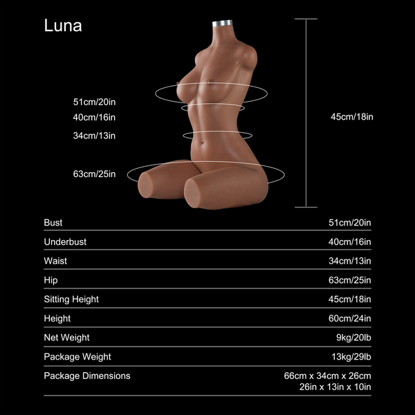 Luna 60cm A-cup tan-skin sex doll torso, dimensions and specifications chart