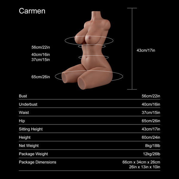 Carmen 60cm C-cup tan-skin sex doll torso, dimensions and specifications chart