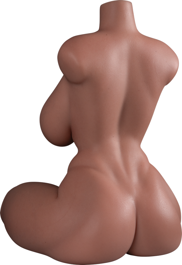 Bianca 60cm F-cup tan-skin sex doll torso, seated rear studio view