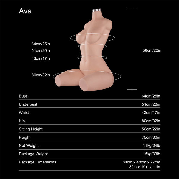 Ava 75cm B-cup fair-skin sex doll torso, dimensions and specifications chart
