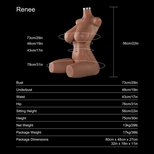 Renee 75cm G-cup tan-skin sex doll torso, dimensions and specifications chart