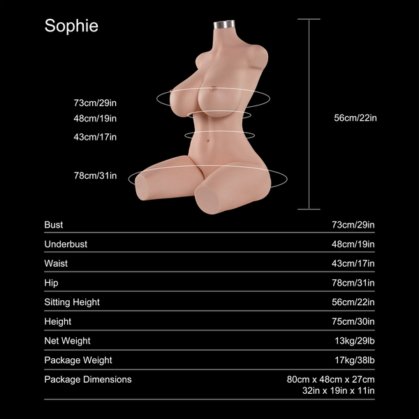 Sophie 75cm G-cup fair-skin sex doll torso, dimensions and specifications chart