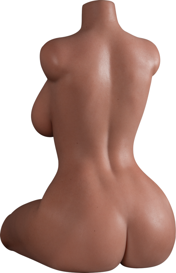 Sasha 75cm E-cup tan-skin sex doll torso, seated rear studio view