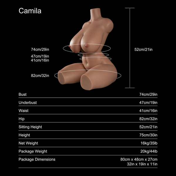 Camila 75cm H-cup tan-skin sex doll torso, dimensions and specifications chart