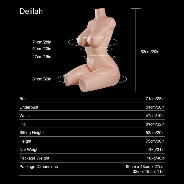 Delilah 75cm E-cup fair-skin sex doll torso, dimensions and specifications chart