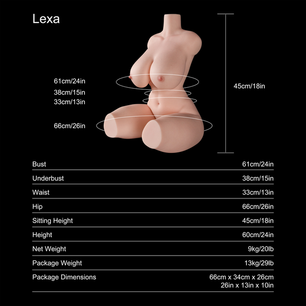 Lexa 60cm F-cup fair-skin sex doll torso, dimensions and specifications chart