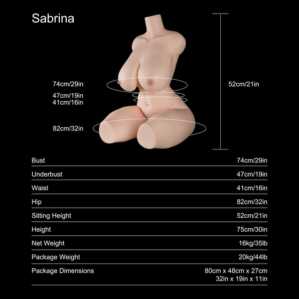 Sabrina 75cm H-cup fair-skin sex doll torso, dimensions and specifications chart