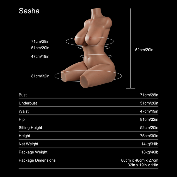 Sasha 75cm E-cup tan-skin sex doll torso, dimensions and specifications chart