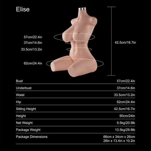 Elise 60cm E-cup fair-skin sex doll torso, dimensions and specifications chart