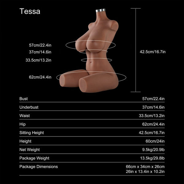 Tessa 60cm E-cup tan-skin sex doll torso, dimensions and specifications chart