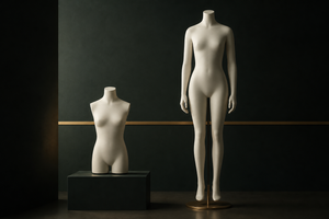 Editorial comparison of a compact torso format and a full-size doll silhouette